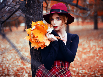 девушка, шляпа, осень