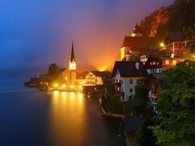 Hallstatt, Austria, Alps, Гальштат, Австрия, озеро, Альпы, горы, дома, ночь, огни