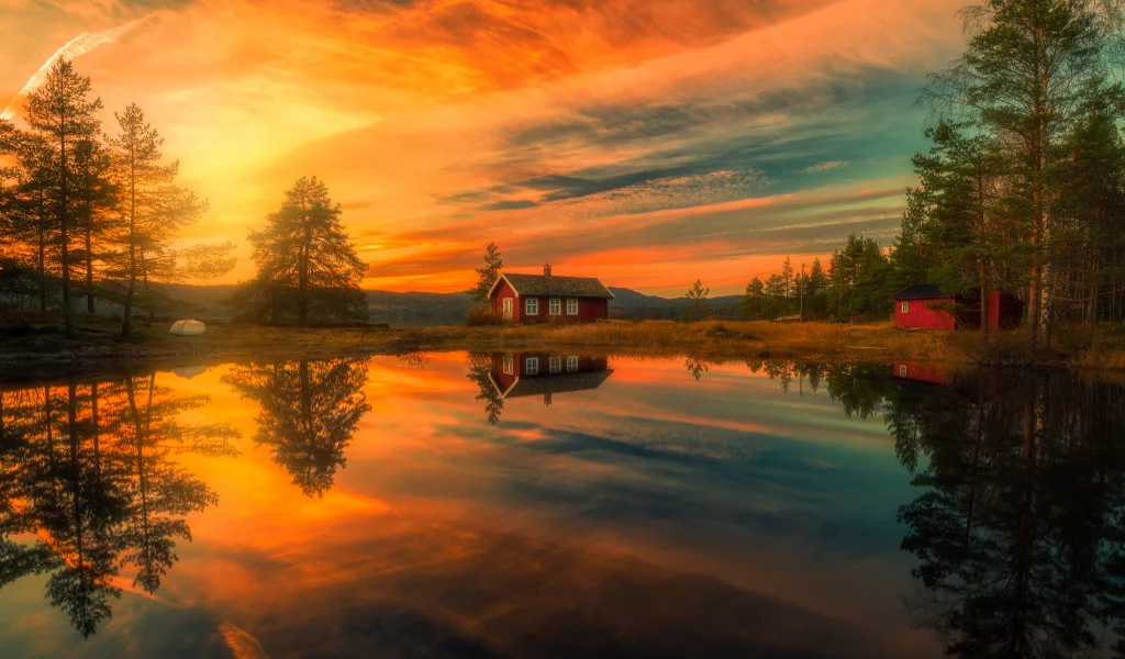 Ringerike, Norway, Рингерике, Норвегия, озеро, отражение, дом, облака, деревья