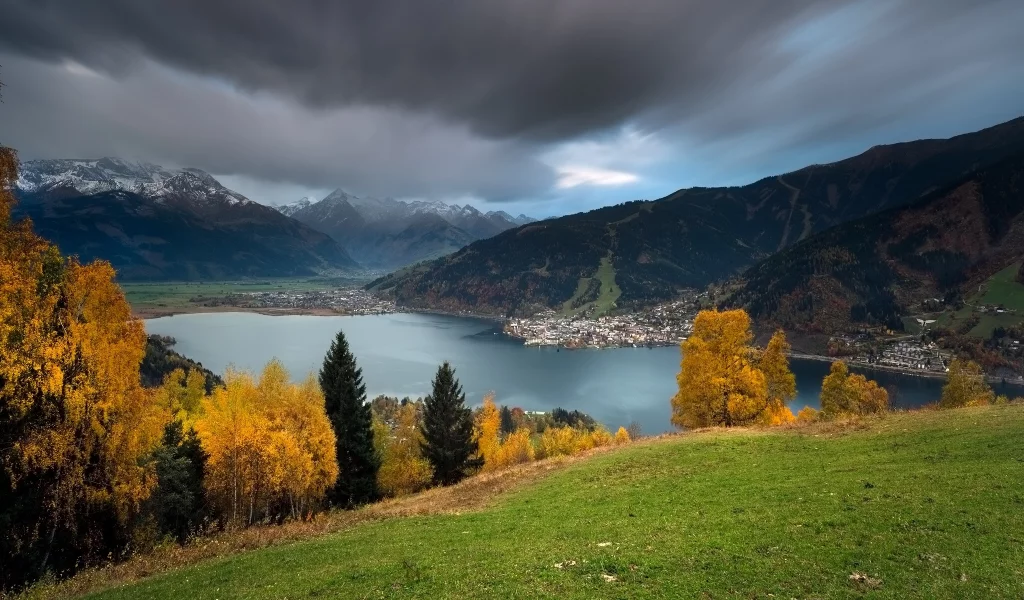 Lake Zell, Zell am See, Austria, Alps, озеро Целлер Зее, Целль-ам-Зее, Австрия, Альпы, озеро, горы, осень, деревья, панорама