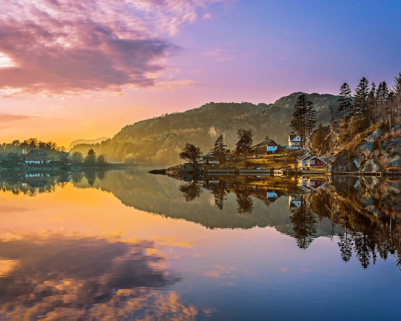 пейзаж, панорама, домики, природа, облака, закат