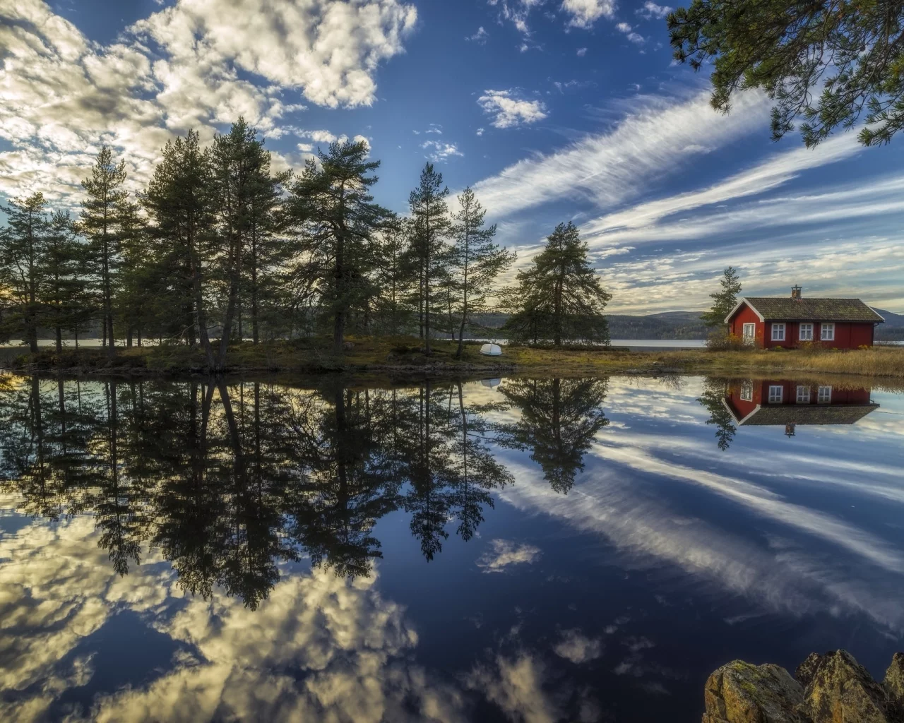 Ringerike, Norway, Рингерике, Норвегия, озеро, отражение, дом, облака, деревья