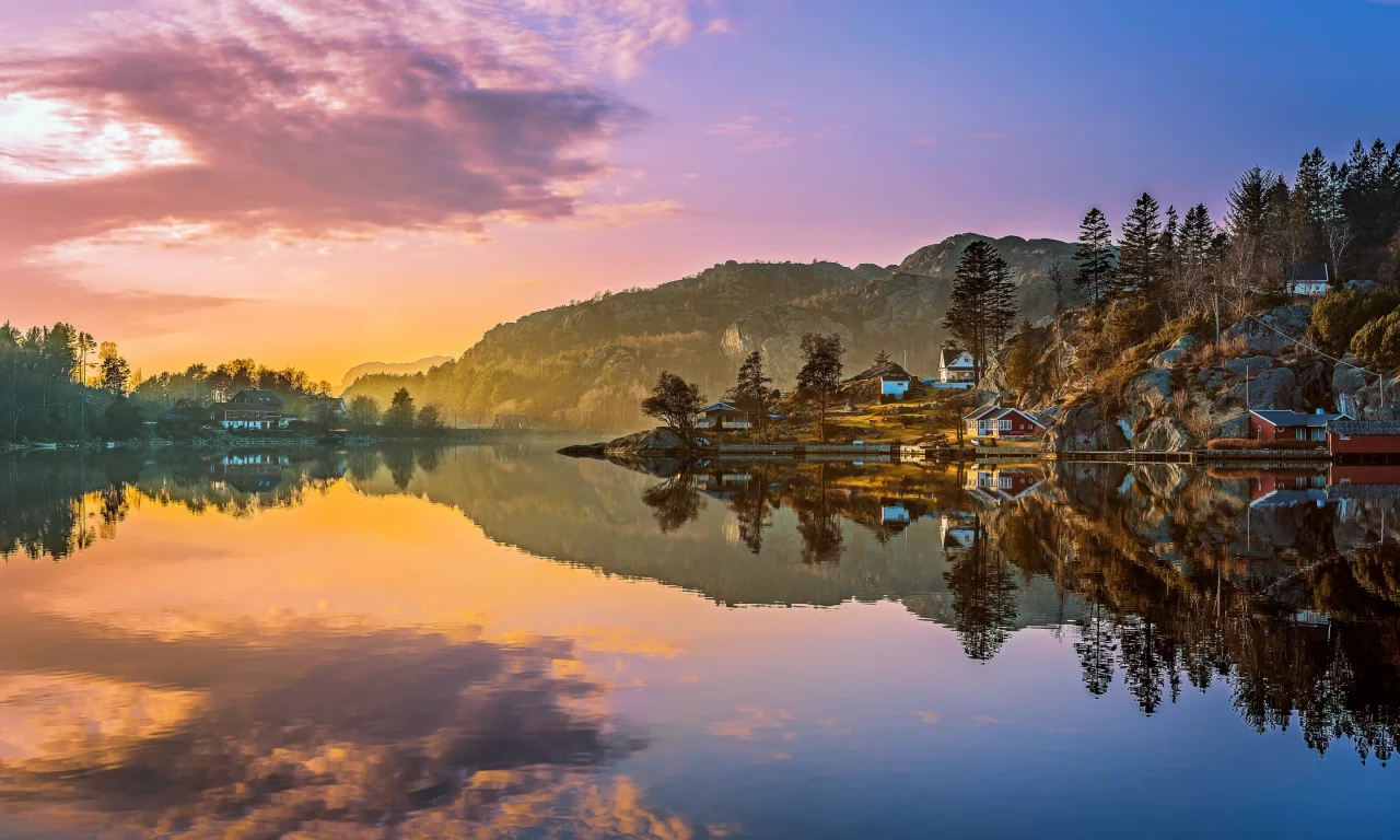 пейзаж, панорама, домики, природа, облака, закат