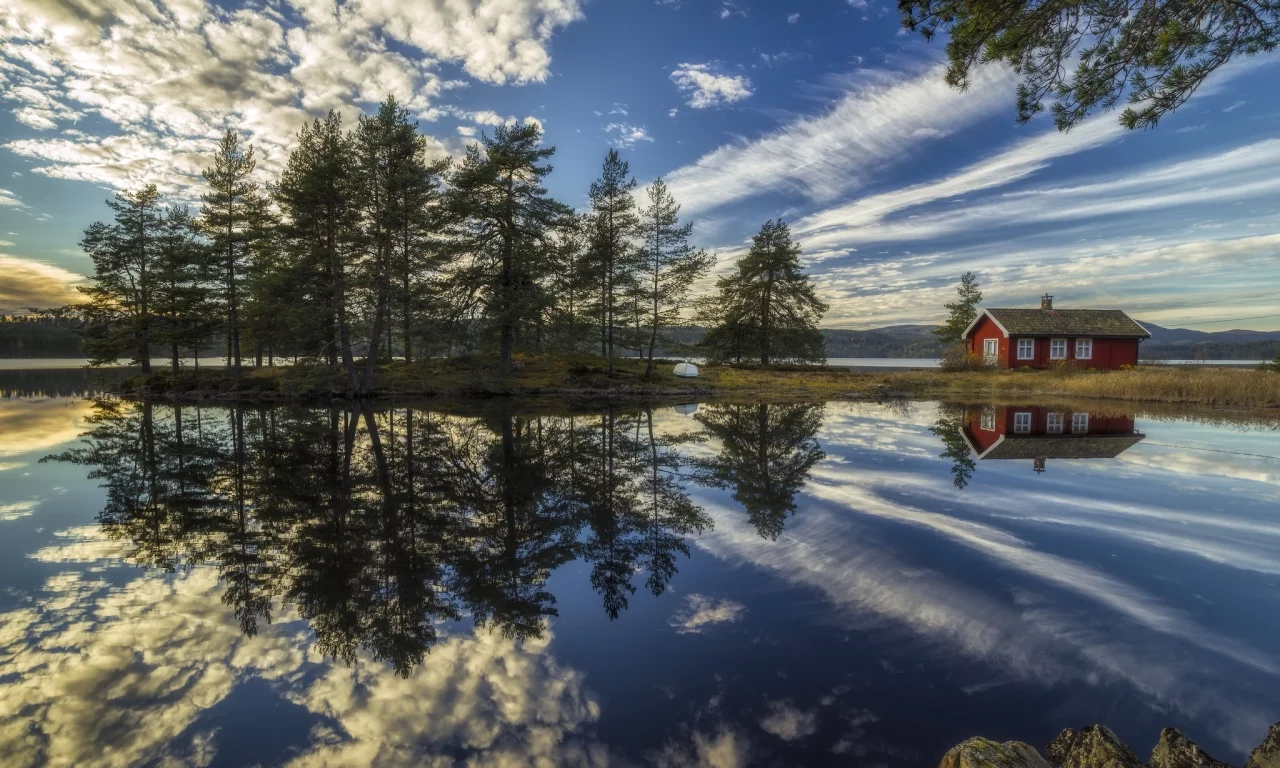 Ringerike, Norway, Рингерике, Норвегия, озеро, отражение, дом, облака, деревья