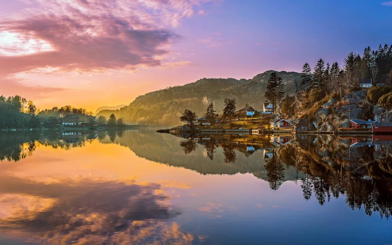 пейзаж, панорама, домики, природа, облака, закат