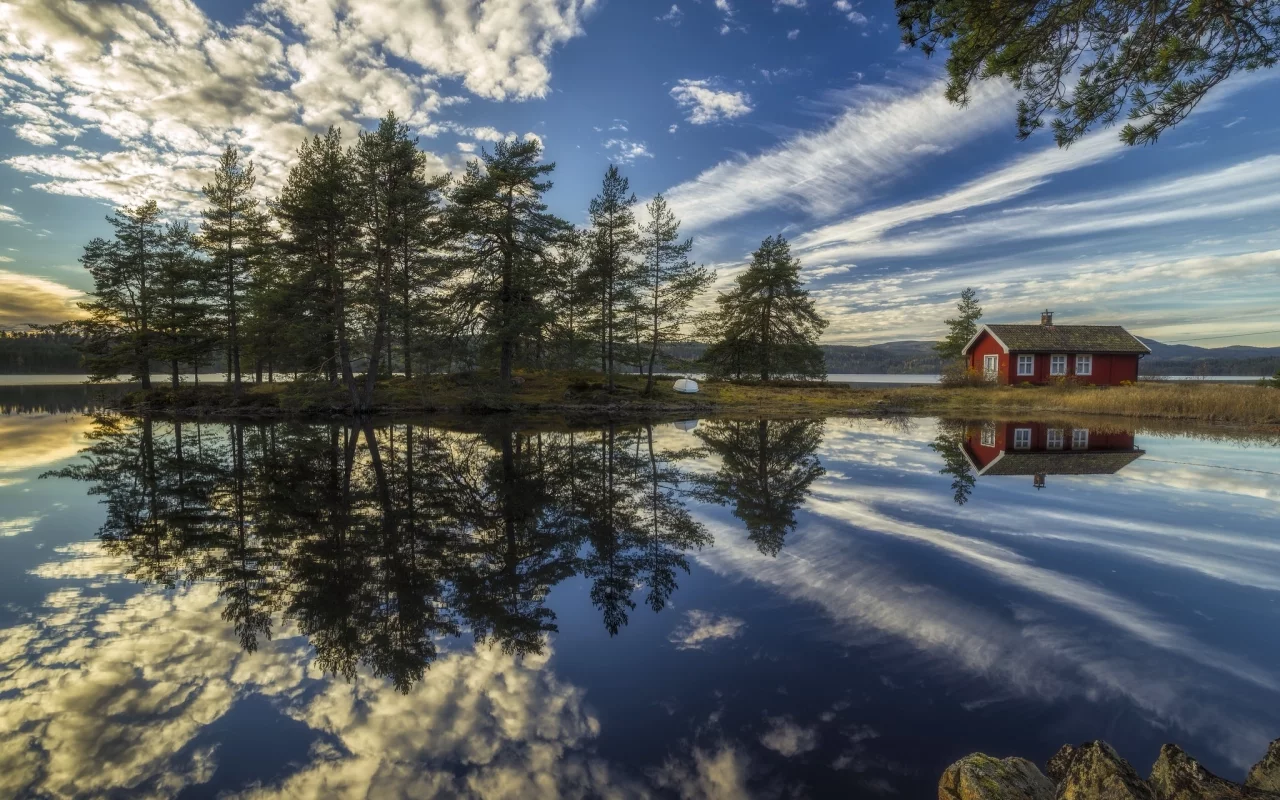 Ringerike, Norway, Рингерике, Норвегия, озеро, отражение, дом, облака, деревья