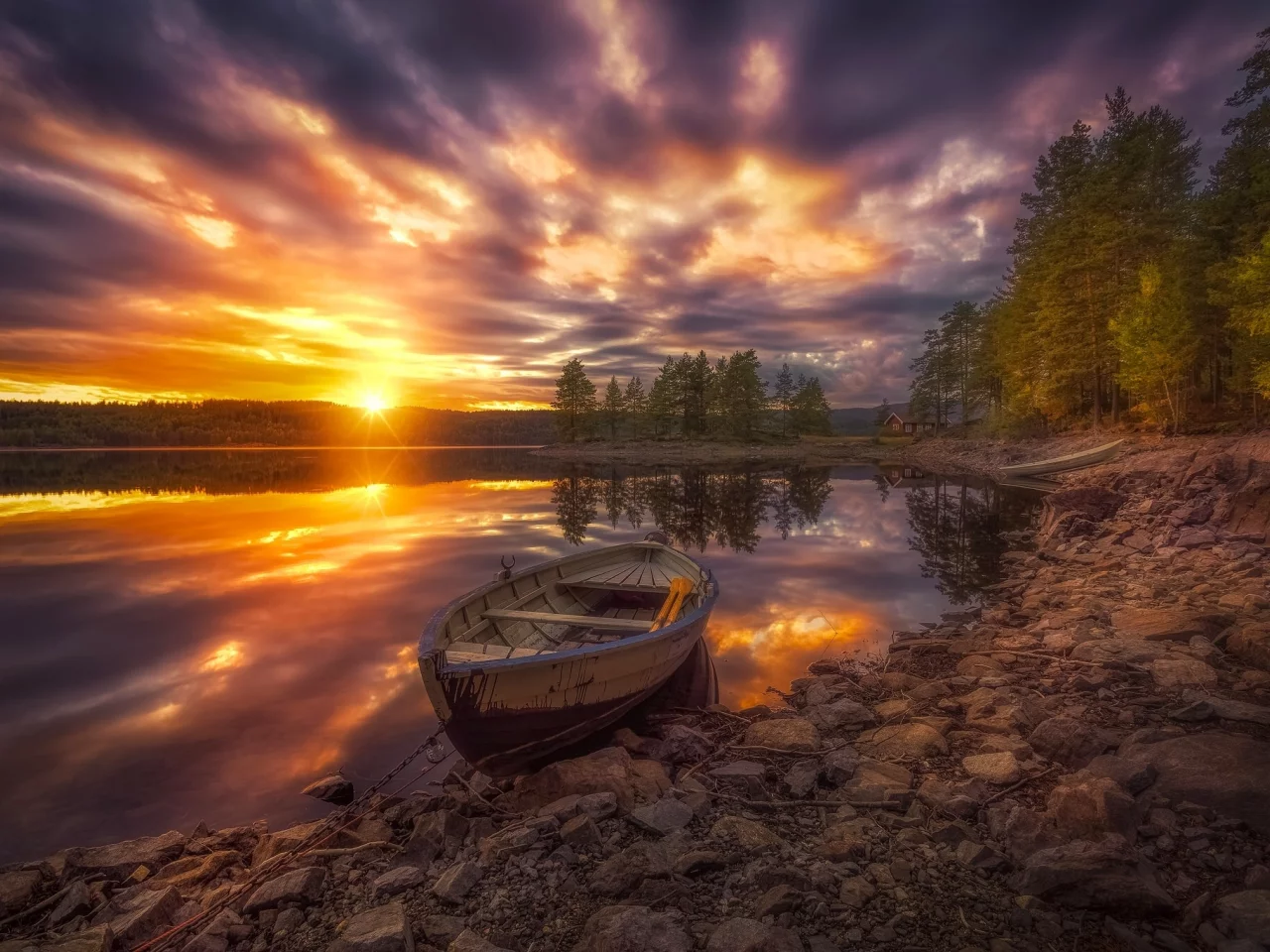 Ringerike, Norway, Рингерике, Норвегия, озеро, закат, лодка, деревья
