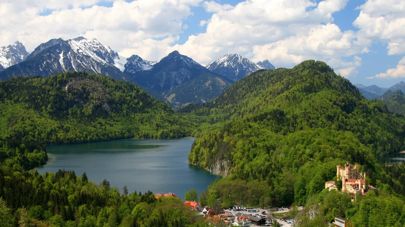 Германия, Schwangau, горы, лес, озеро, замок, дома, деревья, панорама