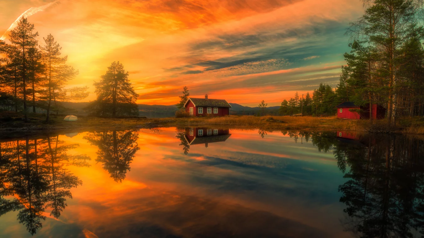 Ringerike, Norway, Рингерике, Норвегия, озеро, отражение, дом, облака, деревья