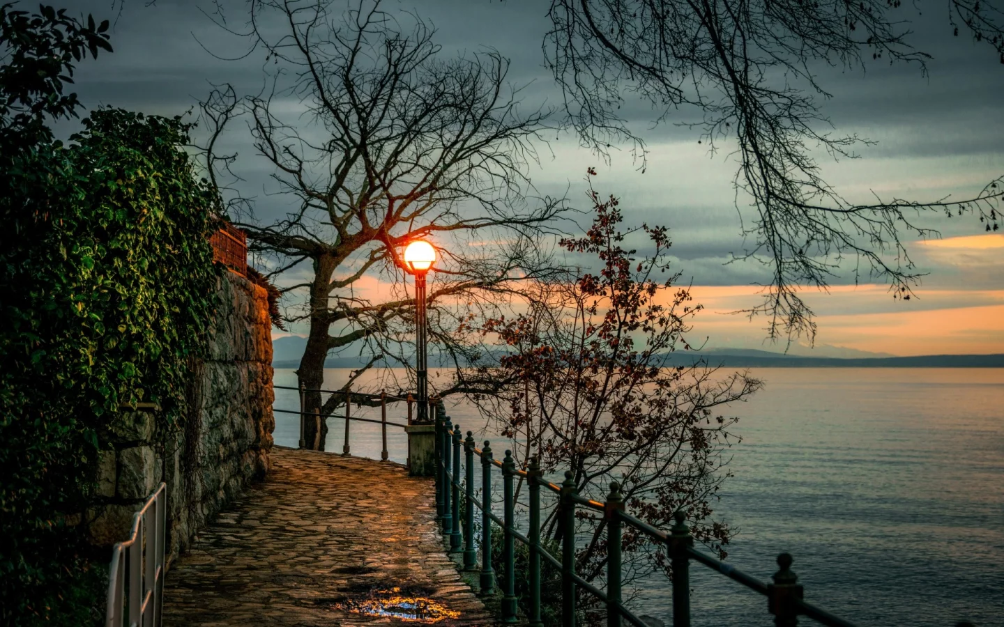 Хорватия, Опатия, Opatija, берег, залив, закат, вечер, фонарь, ветки, деревья
