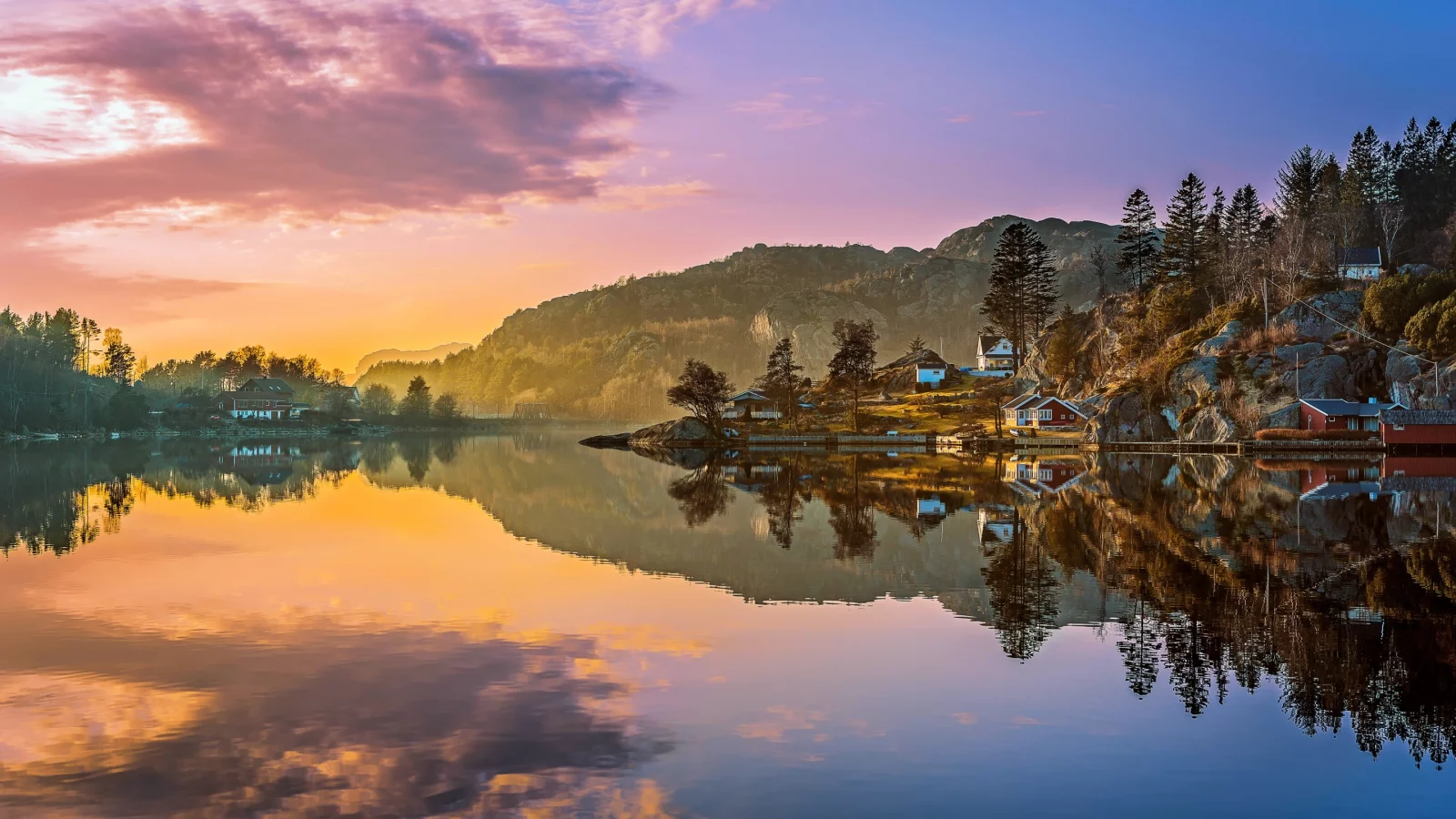 пейзаж, панорама, домики, природа, облака, закат