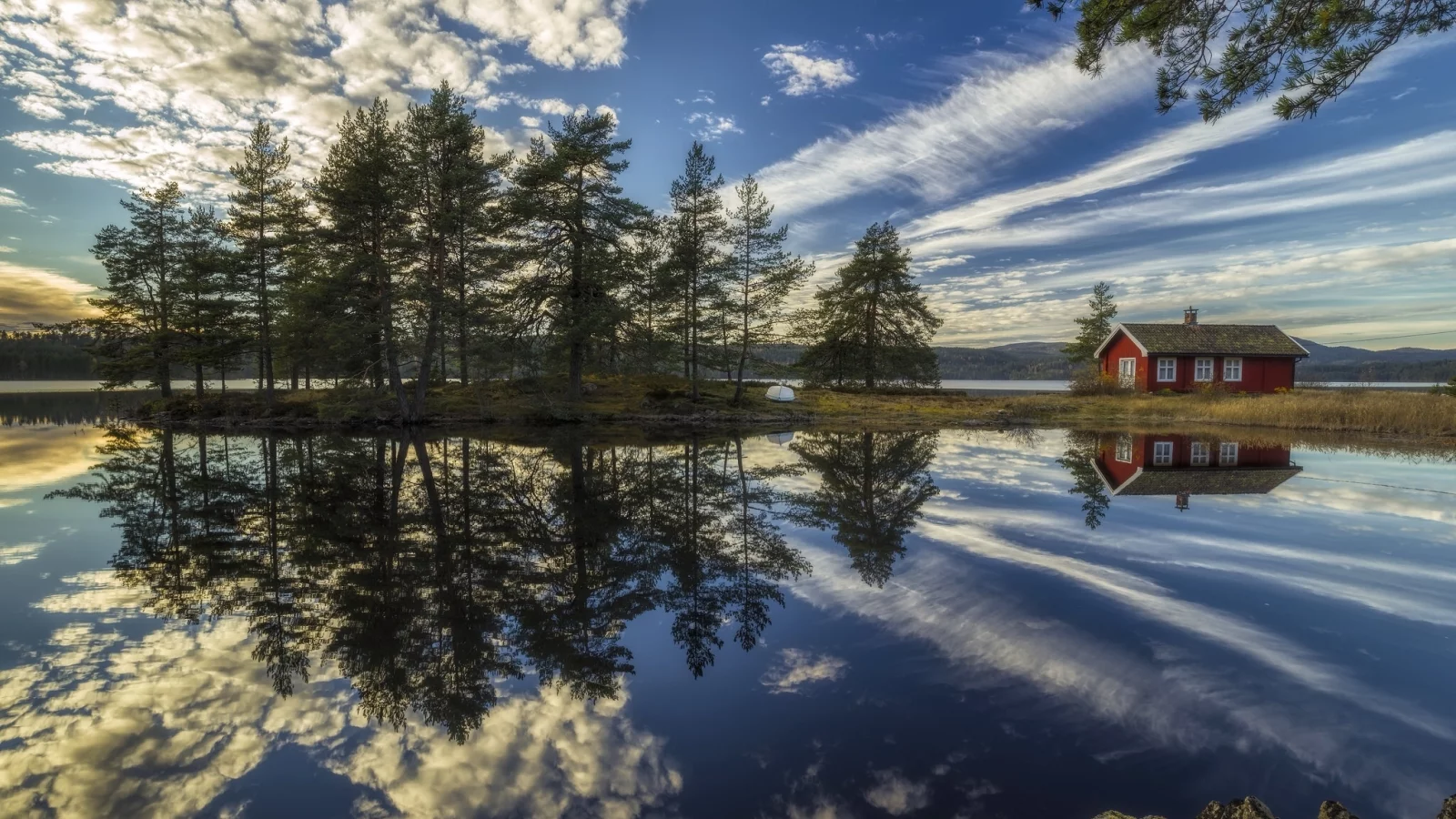 Ringerike, Norway, Рингерике, Норвегия, озеро, отражение, дом, облака, деревья