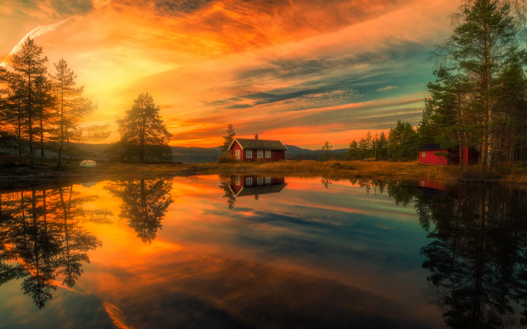 Ringerike, Norway, Рингерике, Норвегия, озеро, отражение, дом, облака, деревья