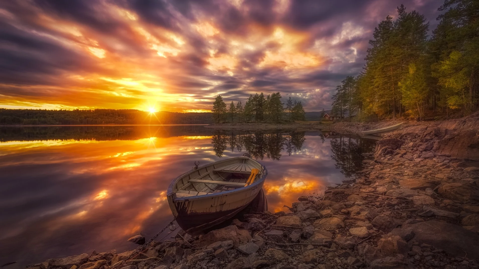 Ringerike, Norway, Рингерике, Норвегия, озеро, закат, лодка, деревья