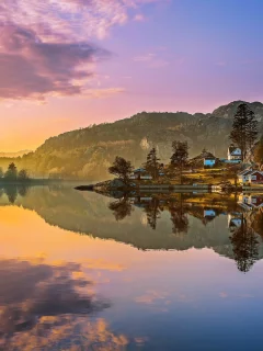 пейзаж, панорама, домики, природа, облака, закат