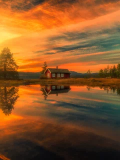 Ringerike, Norway, Рингерике, Норвегия, озеро, отражение, дом, облака, деревья