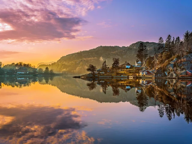 пейзаж, панорама, домики, природа, облака, закат