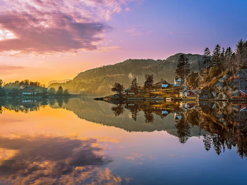 пейзаж, панорама, домики, природа, облака, закат