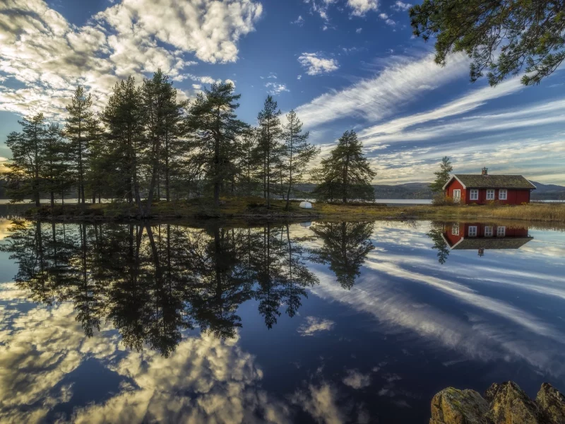 Ringerike, Norway, Рингерике, Норвегия, озеро, отражение, дом, облака, деревья