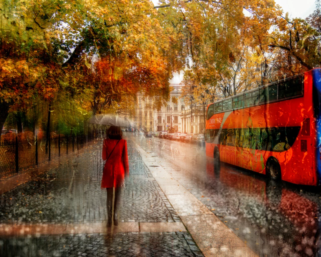 осень, город, улица, автобус, дождь, прохожие, зонтик