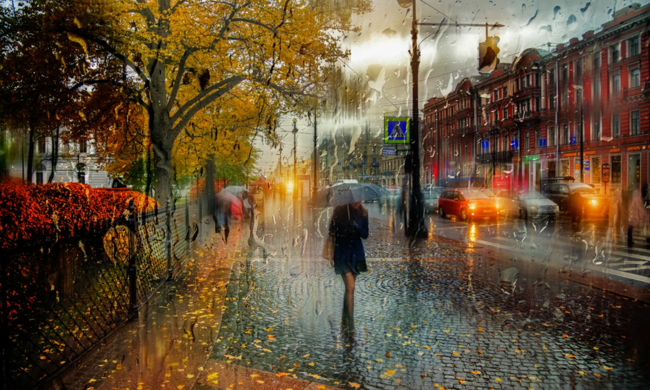 осень, город, улица, дождь, прохожие, зонтик
