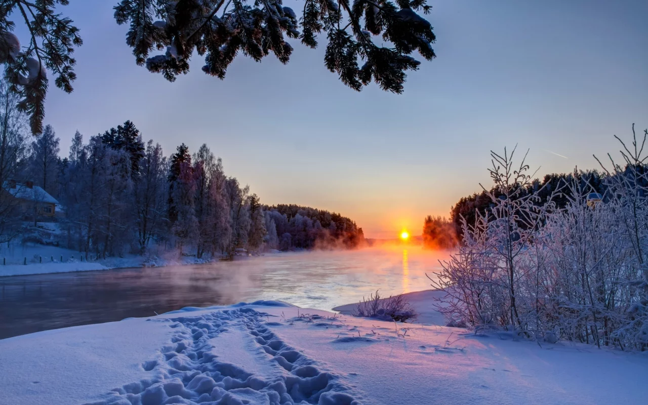 небо, река, облака, природа, белые, закат, зима, снег