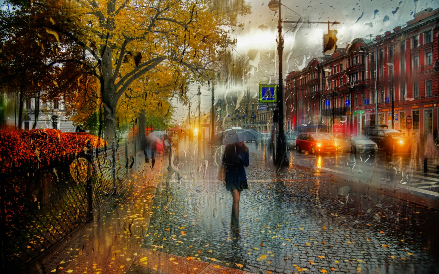 осень, город, улица, дождь, прохожие, зонтик
