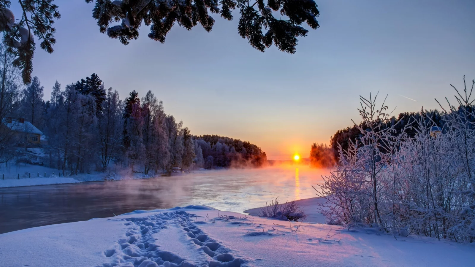 небо, река, облака, природа, белые, закат, зима, снег
