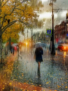 осень, город, улица, дождь, прохожие, зонтик