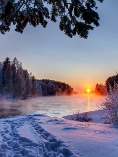 небо, река, облака, природа, белые, закат, зима, снег