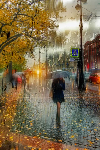 осень, город, улица, дождь, прохожие, зонтик