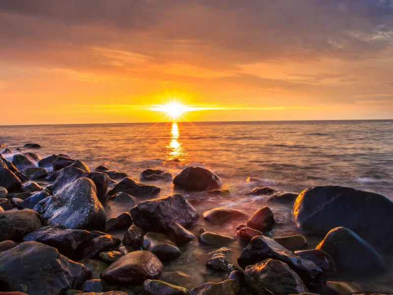 море, камни, утро, восход, солнце, пляж