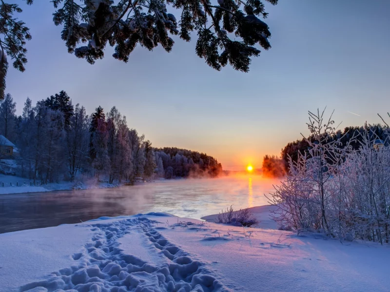 небо, река, облака, природа, белые, закат, зима, снег