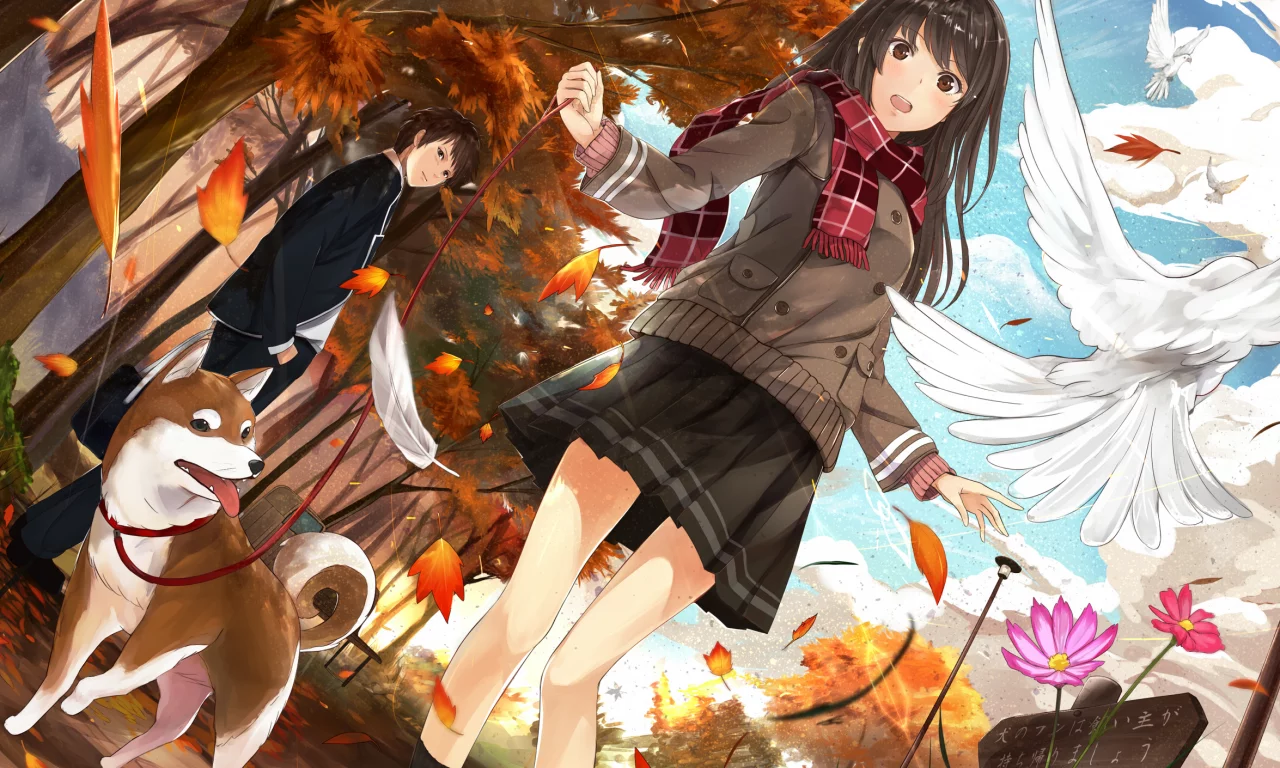 цветы, птицы, девушка, деревья, kazabana fuuka, улыбка, собака