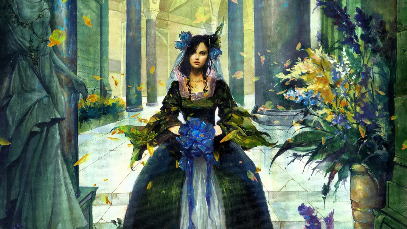 девушка, рисунок, бант, листья, цветы, лепестки