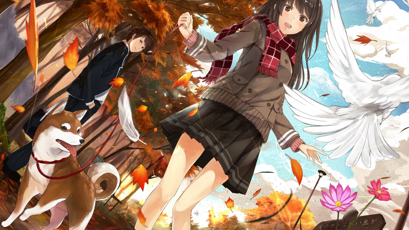 цветы, птицы, девушка, деревья, kazabana fuuka, улыбка, собака
