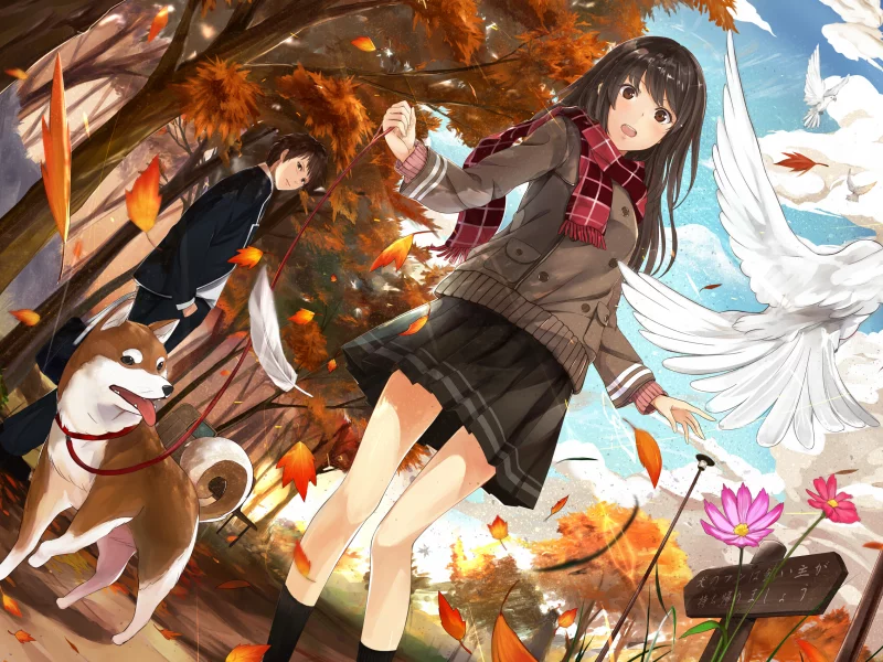 цветы, птицы, девушка, деревья, kazabana fuuka, улыбка, собака