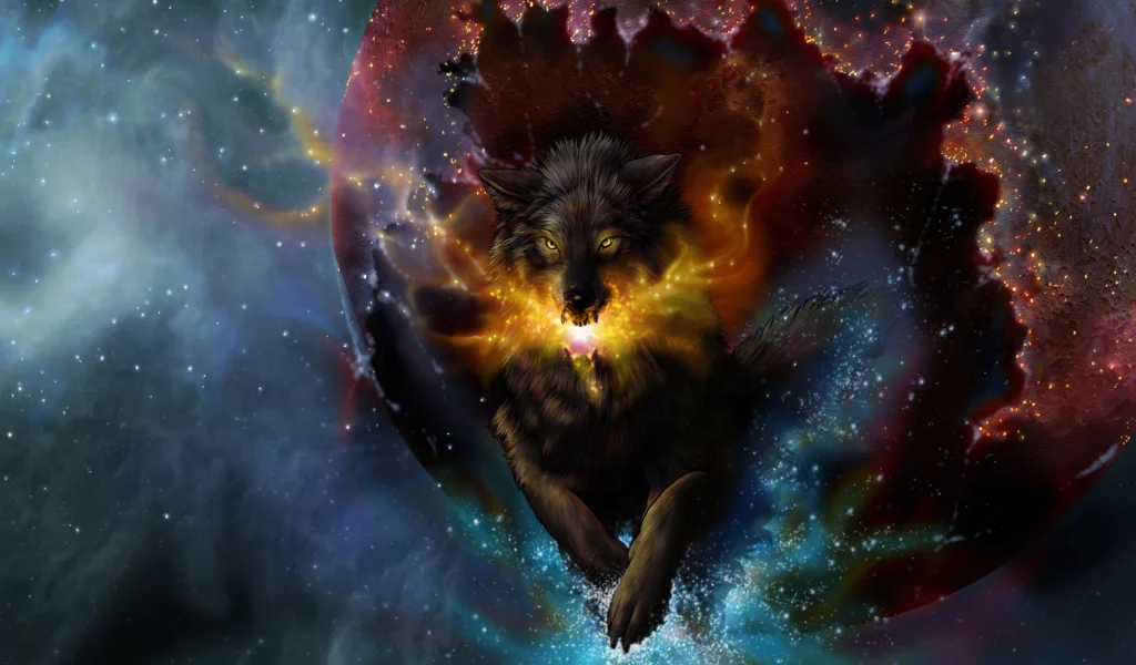 art, novawuff, волк, прыжок, ядро, искры