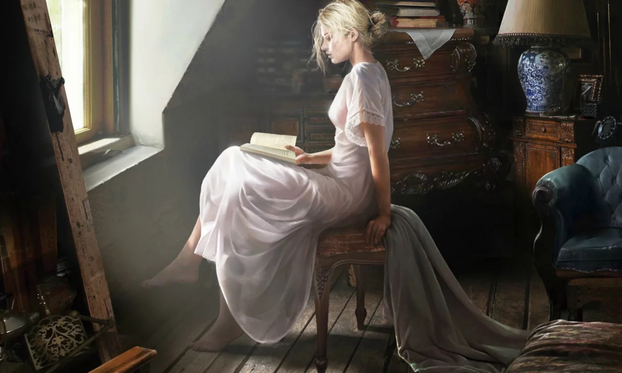 девушка, сидит, профиль, читает, книга, комната, окно
