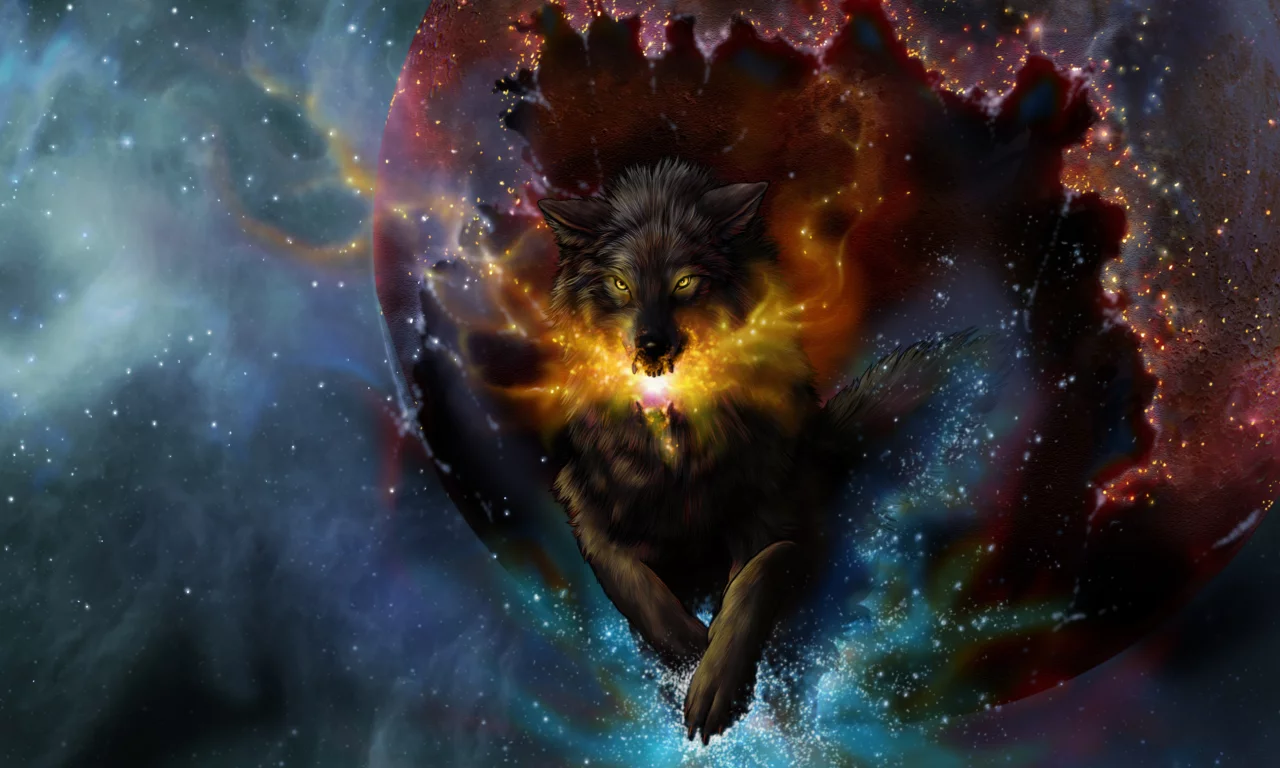 art, novawuff, волк, прыжок, ядро, искры