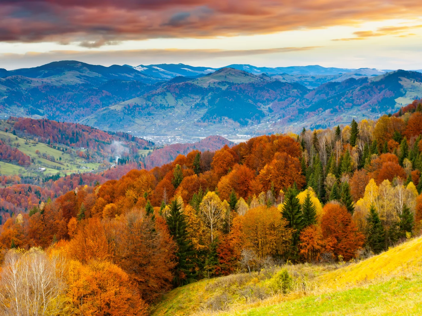 landscape, sunset , field, nature, sky, beautiful trees, clouds, skyline, winter mountains 