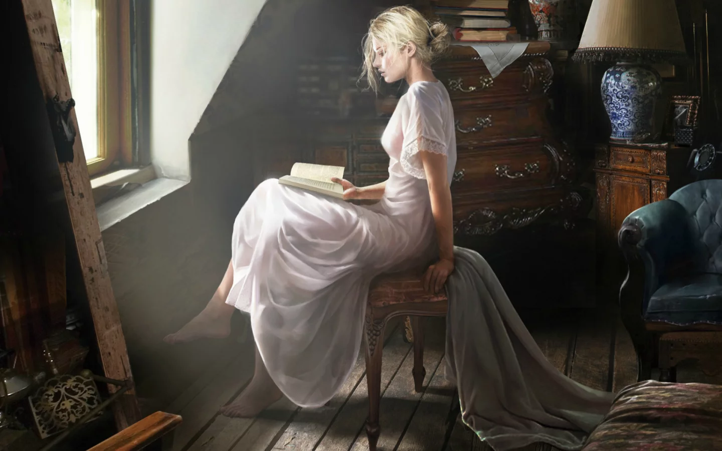 девушка, сидит, профиль, читает, книга, комната, окно