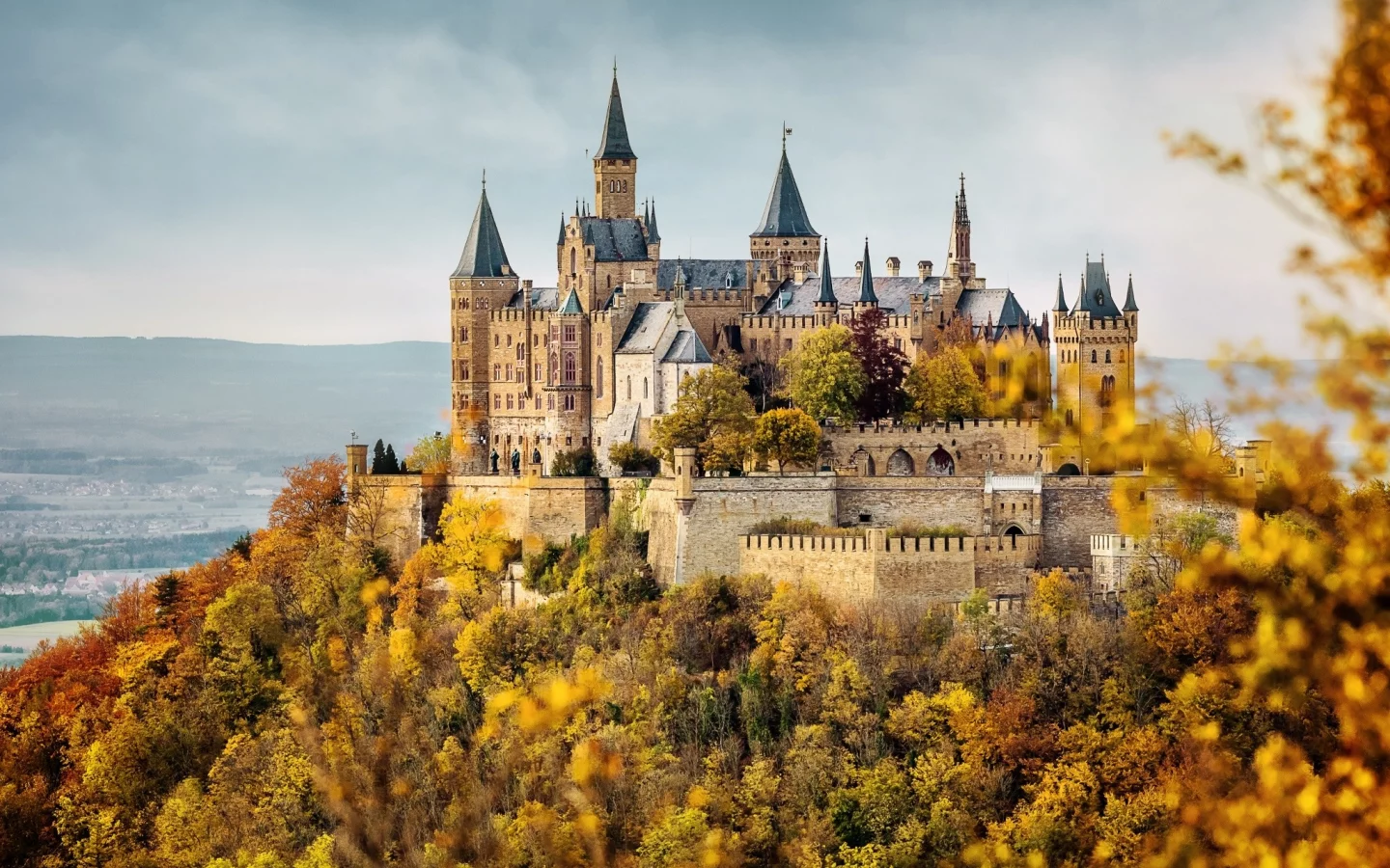 осень, замок, германия, деревья, лес
