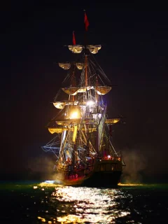 ночь, парусник, море, огни