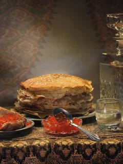 блины, икра, графин, водка