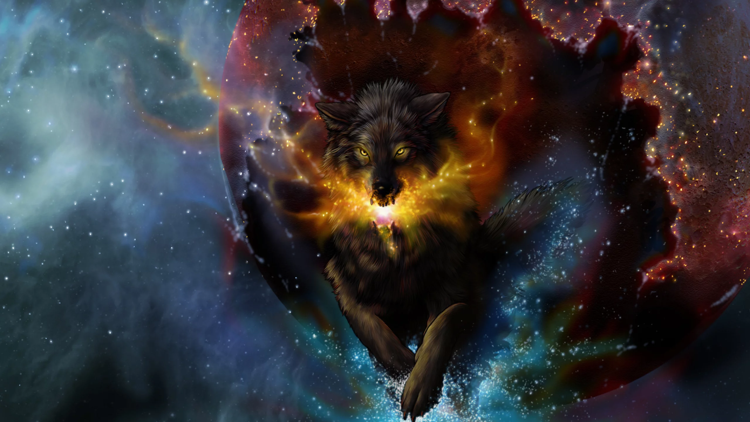 art, novawuff, волк, прыжок, ядро, искры