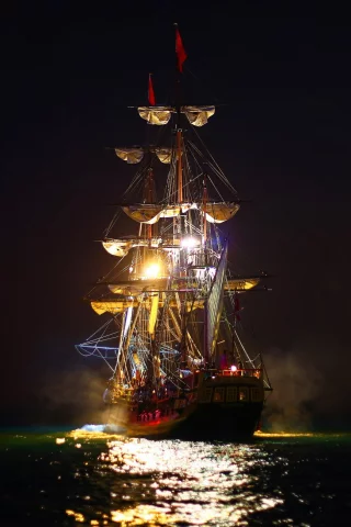ночь, парусник, море, огни