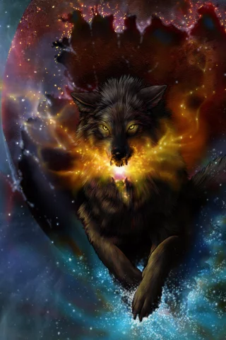art, novawuff, волк, прыжок, ядро, искры