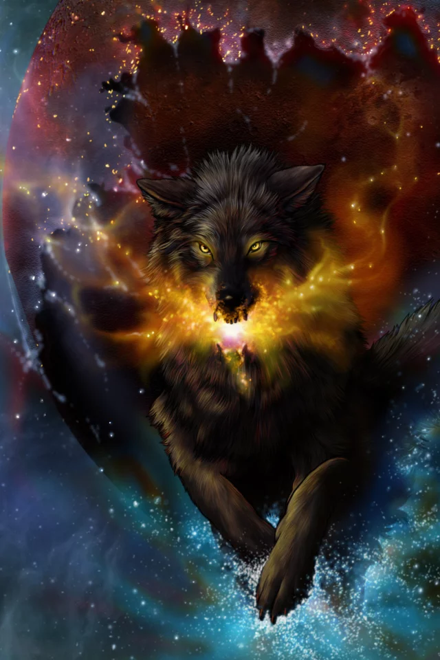 art, novawuff, волк, прыжок, ядро, искры