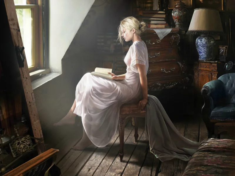 девушка, сидит, профиль, читает, книга, комната, окно